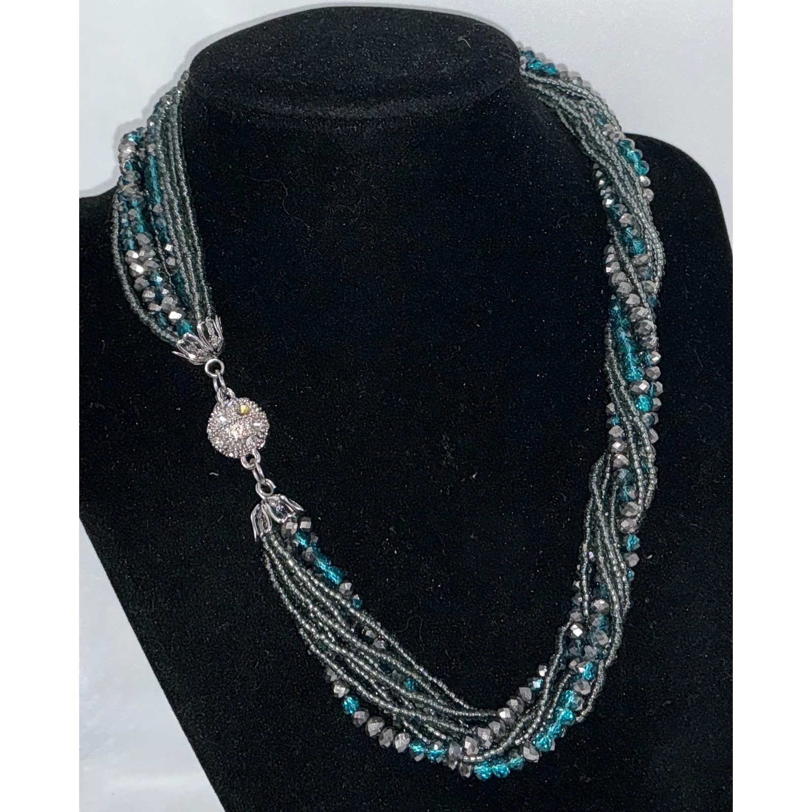 Multi Strand Beaded Necklace Teal Gray Crystal Rhinestone Clasp Statement